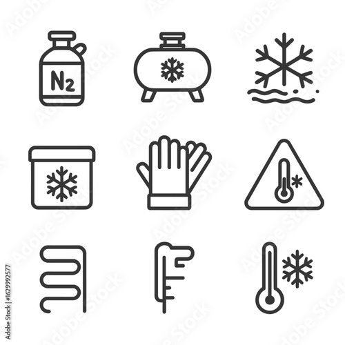 Cryogenics Icon Set. Outline icon set of cryogenics and low temperature: liquid nitrogen Dewar, cryogenic tank, frost formation