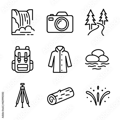 Expedition Icon Set. Outline icon set of waterfall and forest expeditions: waterfall cascade, camera with wide-angle lens, forest