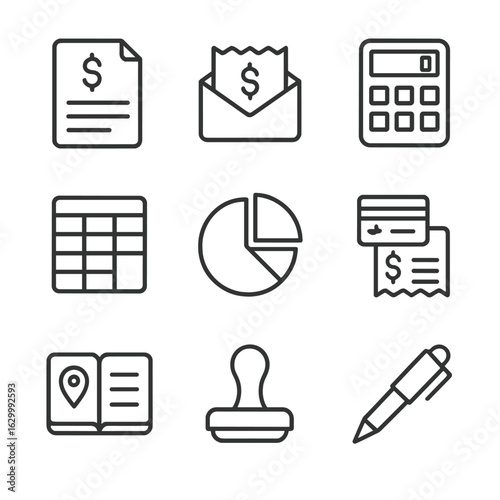 Expense Tracking Icons. Outline icon set of expense tracking tools: expense report, receipt envelope, calculator display,