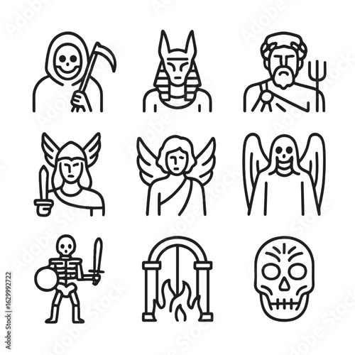 Mythical Death Icons. Outline icon set of mythological death figures: grim reaper, Anubis, Hades, Valkyrie, Thanatos, death angel,