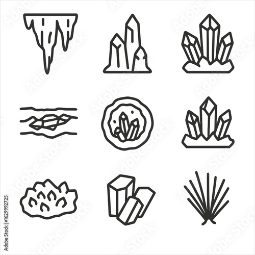 Crystal Formation Icons. Outline icon set of crystal formations: stalactite, stalagmite, cluster, vein, geode, crystal bed, druse,