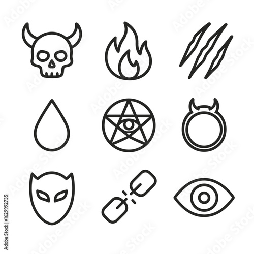 Demonic Symbol Icons. Outline icon set of demonic symbols: horned skull, infernal flame, claw mark, blood drop, pentacle with eye,