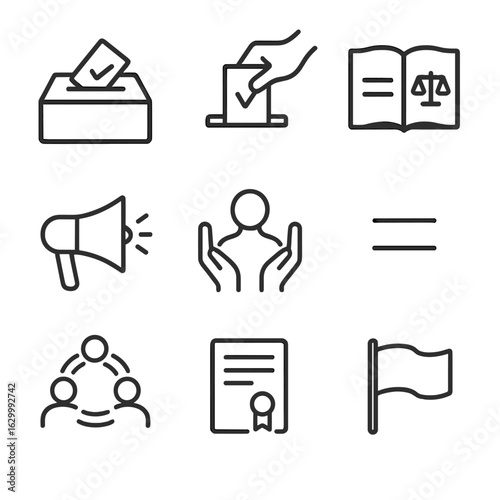 Democracy Icon Set. Outline icon set of democracy and rights: ballot box, hand vote, open constitution, loudspeaker, human rights
