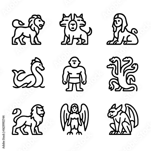 Mythical Beast Icons. Outline icon set of mythical beasts: chimera, cerberus, sphinx, leviathan, cyclops, hydra, manticore, harpy,
