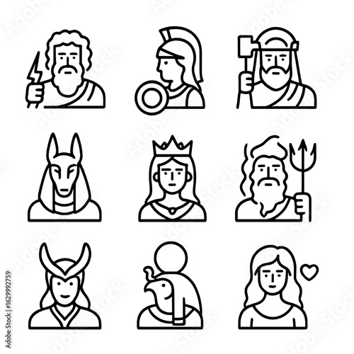 Mythical Deities Icons. Outline icon set of mythological gods and goddesses: Zeus, Athena, Thor, Anubis, Hera, Poseidon, Loki, Ra,
