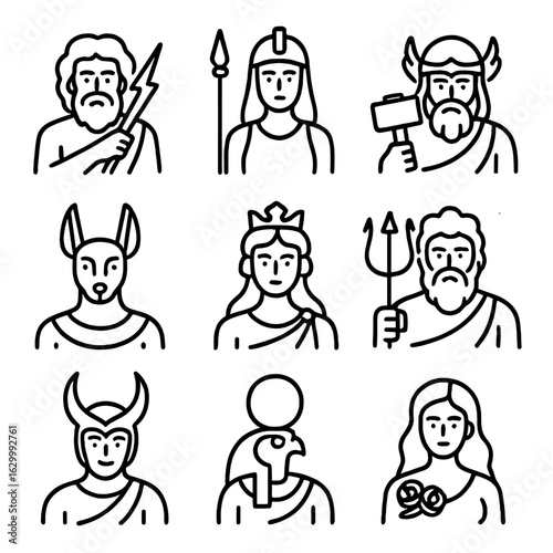 Mythical Deities Icons. Outline icon set of mythological gods and goddesses: Zeus, Athena, Thor, Anubis, Hera, Poseidon, Loki, Ra,