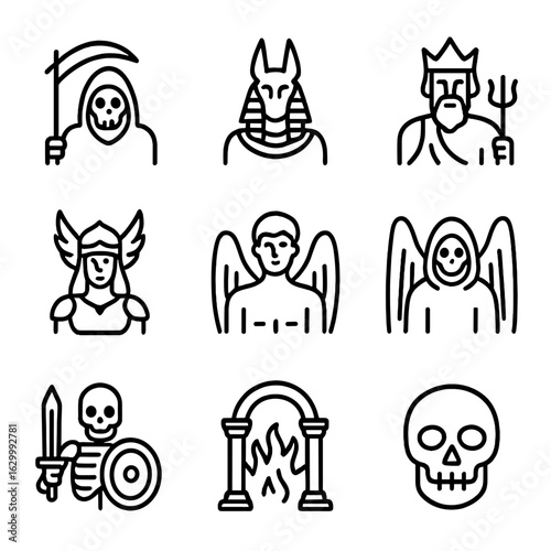 Mythical Death Icons. Outline icon set of mythological death figures: grim reaper, Anubis, Hades, Valkyrie, Thanatos, death angel,