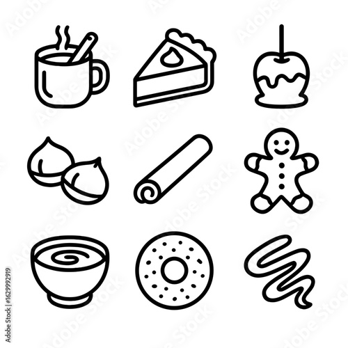 Fall Food Icons. Outline icon set of fall reception food and beverages: spiced cider mug, pumpkin pie slice, caramel apple,