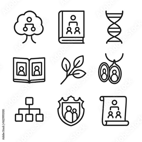Family Genealogy Icons. Outline icon set of family tree genealogy: family tree diagram, ancestry book, DNA helix, photo album,