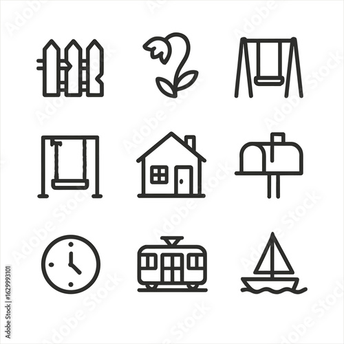 Abandonment Icon Set. Outline icon set of abandonment: broken fence, wilted flower, empty playground, rusted swing, vacant house,