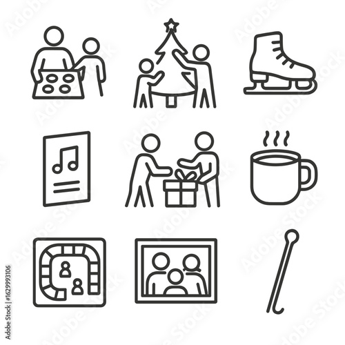 Family Holiday Icons. Outline icon set of family holiday activities: baking cookies, decorating tree, ice skate, caroling sheet