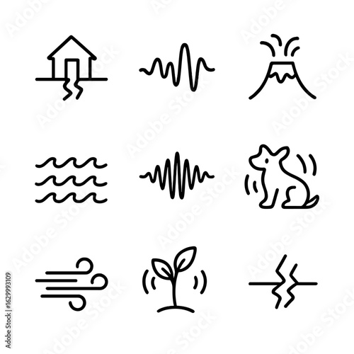 Natural Vibration Icons. Outline icon set of natural vibrations: earthquake, seismic waves, volcano tremor, ocean waves, sound
