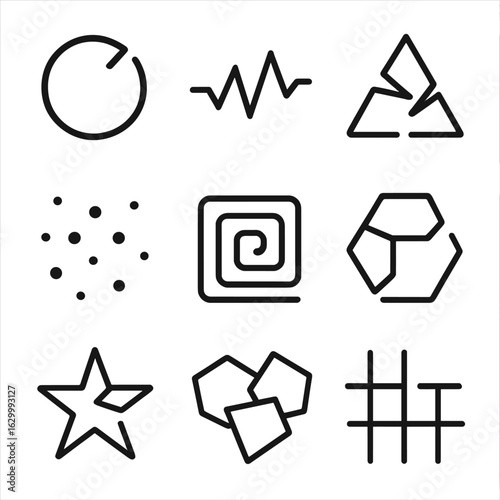 Abstract Shape Icons. Outline icon set of anti-order abstract shapes: broken circle, jagged line, fractured triangle, spiraling