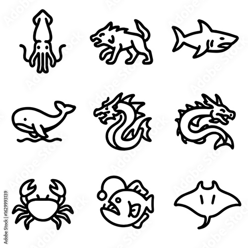 Abyssal Beast Icons. Outline icon set of abyssal beasts: giant squid, abyss wolf, dark shark, spectral whale, abyss dragon, deep