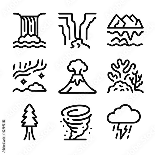 Natural Wonders Icon Set. Outline icon set of natural wonders: waterfall, canyon, glacier, aurora borealis, volcano eruption,