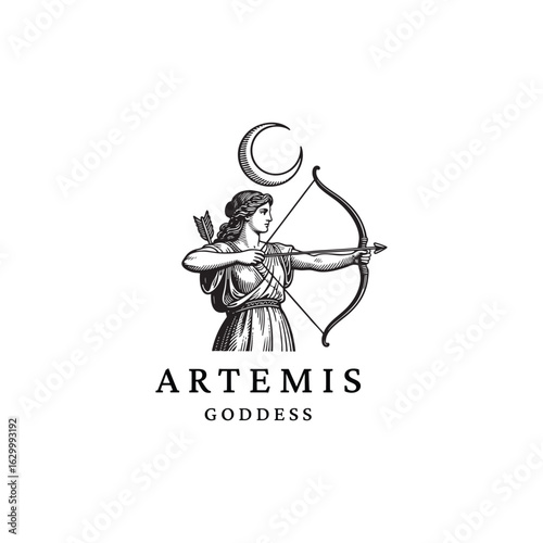 Elegant engraving-style illustration of Artemis, the Greek goddess of the hunt, wilderness, and moon