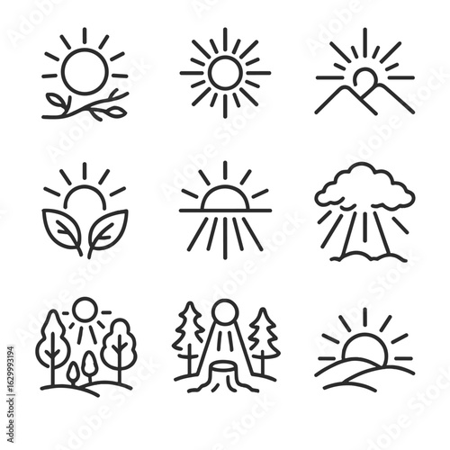 Nature Icon Set. Outline icon set of sun rays in nature: radiant sun, tree branches, flare lines, mountain silhouette, glowing