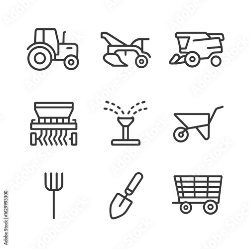Farm Machinery Icons. Outline icon set of farm machinery and tools: tractor, plow, harvester, seed drill, irrigation sprinkler,
