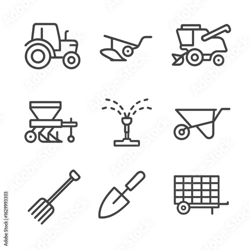 Farm Machinery Icons. Outline icon set of farm machinery and tools: tractor, plow, harvester, seed drill, irrigation sprinkler,