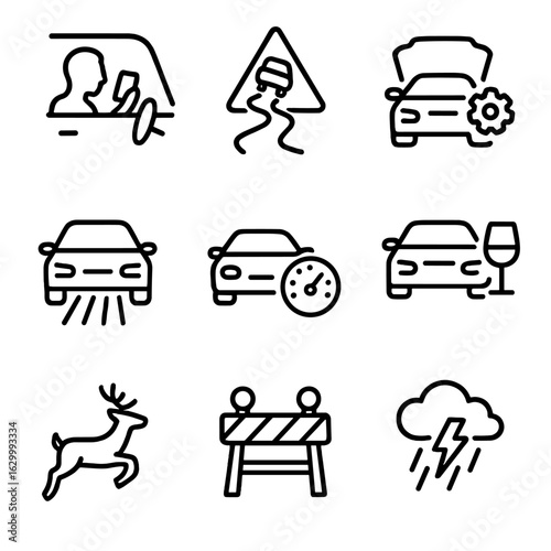 Accident Causes Icons. Outline icon set of accident causes: distracted driver, slippery road, mechanical failure, poor visibility,
