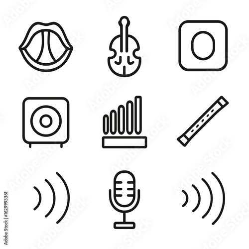 Acoustic Resonance Icons. Outline icon set of acoustic resonance: vocal cords, sound box, resonance chamber, speaker cone, pipe