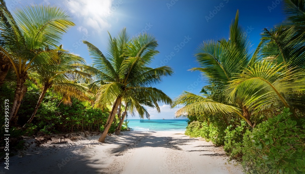 Fototapeta premium tropical jungle path lined with lush palm trees leading to a serene beach with turquoise water and soft white sand under warm morning sunlight