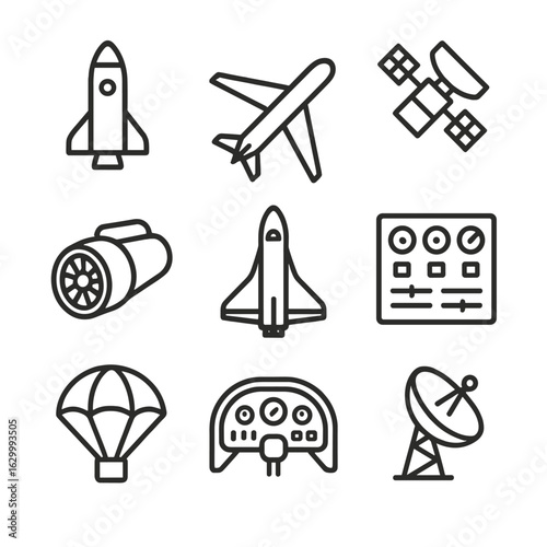 Aerospace Icon Set. Outline icon set of aerospace engineering: rocket, airplane, satellite, jet engine, space shuttle, control