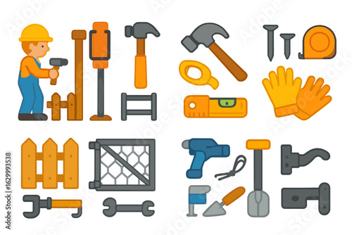 Fence Installation Tools. Flat vector mini-illustrations Fencers installing fences and gates in colors children's illustrations: