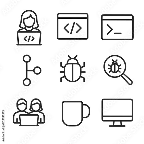 Female Developer Icons. Outline icon set of female software development roles: laptop with code, code editor window, terminal