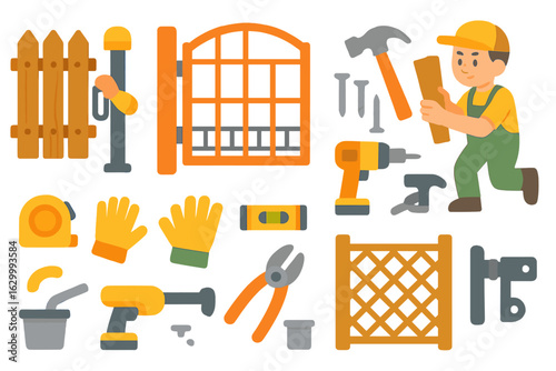 Fence Installation Tools. Flat vector mini-illustrations Fencers installing fences and gates in colors children's illustrations: