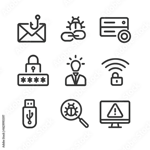 Cybersecurity Entry Icons. Outline icon set of entry points in cybersecurity: phishing email, malware link, open port, weak