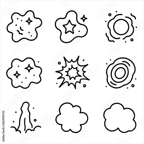 Nebulae Icons. Outline icon set of nebulae: emission nebula, reflection nebula, planetary nebula, dark nebula, supernova remnant,
