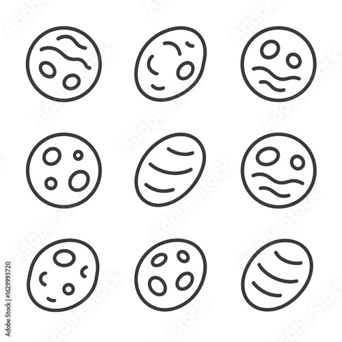 Neptune's Moon Icons. Outline icon set of Neptune’s major moons: Triton, Proteus, Nereid, Larissa, Galatea, Despina, Thalassa,