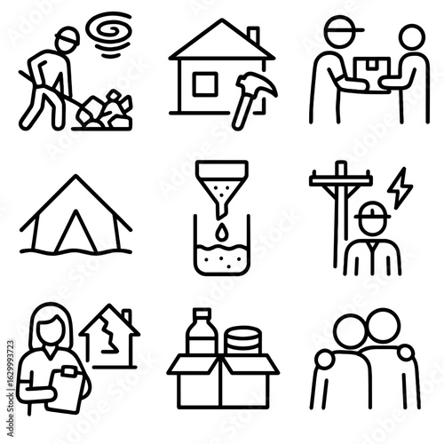Cyclone Aftermath Icons. Outline icon set of cyclone aftermath: debris cleanup, rebuilding, aid distribution, temporary shelter,