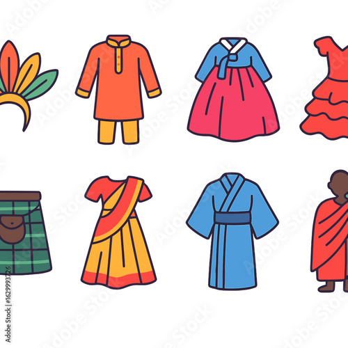 Festival Costume Icons. Flat vector mini-illustrations festival costume adaptations in colors children's illustrations: carnival