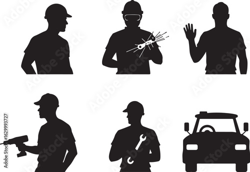 Skilled workers with tools and vehicle silhouettes.