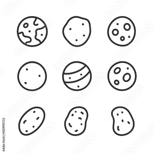 Neptune's Moon Icons. Outline icon set of Neptune’s major moons: Triton, Proteus, Nereid, Larissa, Galatea, Despina, Thalassa,