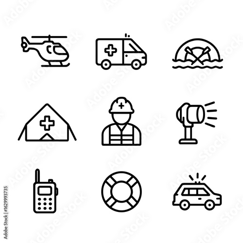 Cyclone Rescue Icons. Outline icon set of cyclone rescue operations: rescue helicopter, ambulance, rescue raft, first aid tent,