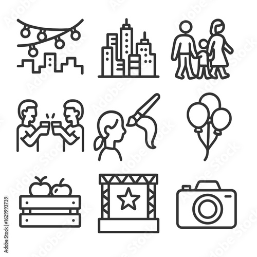 Festival Icons Set. Outline icon set of festival ambience and attendees: string lights overhead, urban skyline backdrop, family