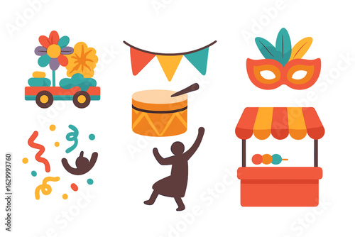 Festive Parade Icons. Flat vector mini-illustrations cultural festival celebrations in colors children's illustrations: parade