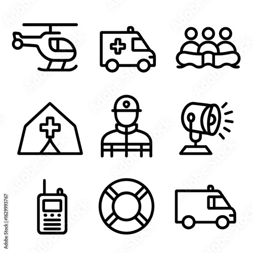 Cyclone Rescue Icons. Outline icon set of cyclone rescue operations: rescue helicopter, ambulance, rescue raft, first aid tent,