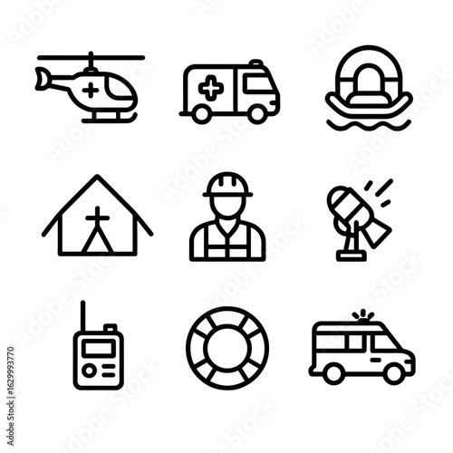 Cyclone Rescue Icons. Outline icon set of cyclone rescue operations: rescue helicopter, ambulance, rescue raft, first aid tent,