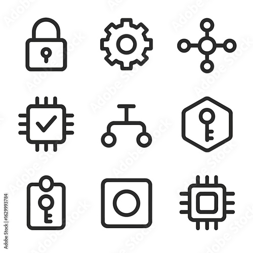 Digital Security Icons. Outline icon set of digital keystones (symbolic): digital lock, core setting, central hub, authentication