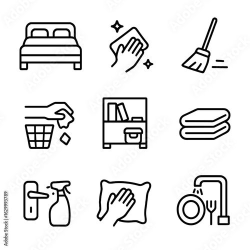 Daily Cleaning Icons. Outline icon set of daily cleaning routine: make bed, wipe counter, sweep floor, rinse dishes, empty trash,