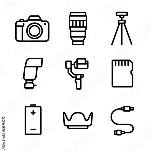 Film Gear Icons. Outline icon set of behind-the-scenes gear and setups: camera body, telephoto lens, tripod stand, external flash,
