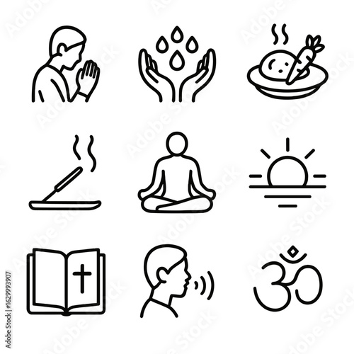 Daily Ritual Icons. Outline icon set of daily rituals: morning prayer, water cleanse, food blessing, incense lighting, meditation