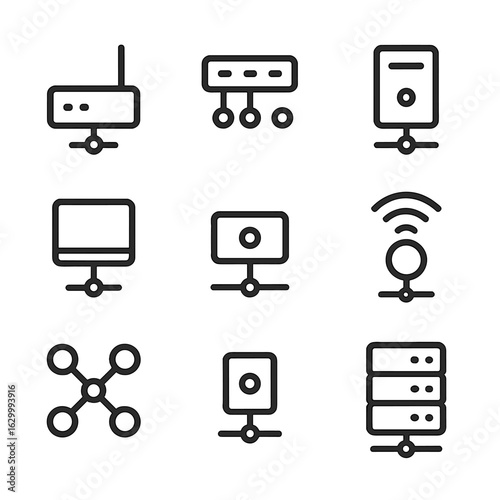 Network Node Icons. Outline icon set of network nodes: router node, switch node, server node, client node, gateway node, wireless