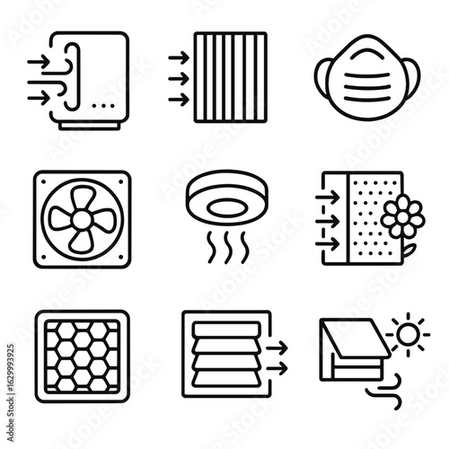 Air Filtration Icons. Outline icon set of air filtration: air purifier, HEPA filter, dust mask, ventilation fan, smoke detector,