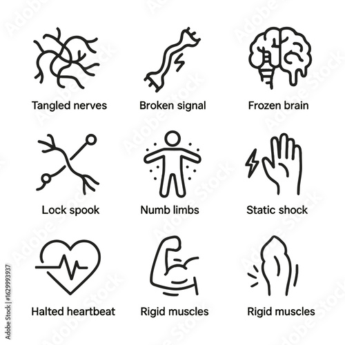 Neurological Disorder Icons. Outline icon set of neurological disorder: tangled nerves, broken signal, frozen brain, locked spinal