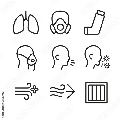 Air Health Icons. Outline icon set of air and health: lungs, breathing mask, inhaler, oxygen mask, asthma, allergy, pollen, fresh